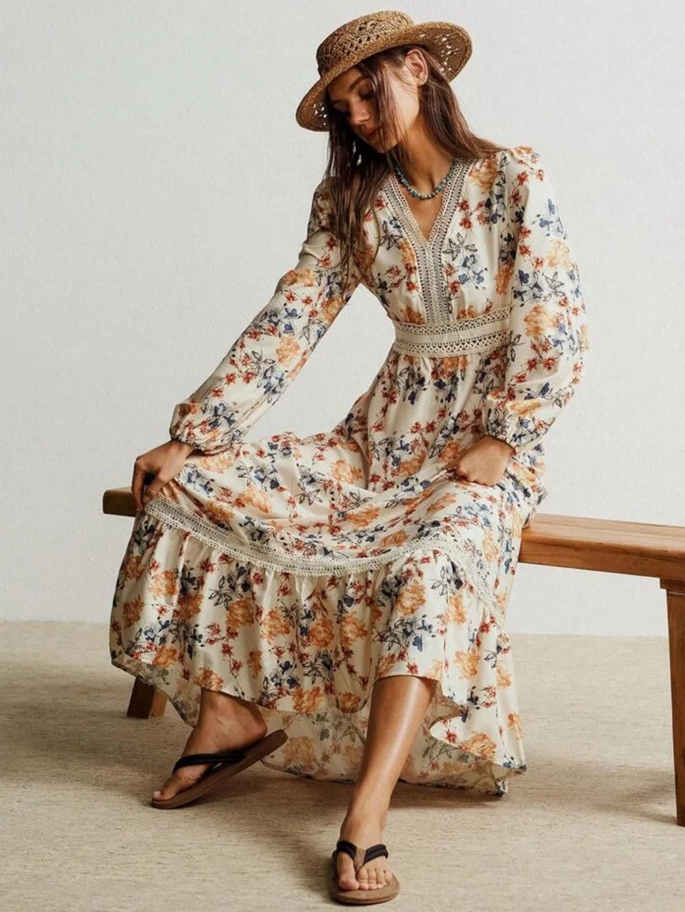 Boho floral print long sleeve maxi dress - Picture 8 of 11